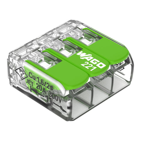 Wago 221-423 Green Transparent 3 Pole Compact Lever Connector (Pack Size 50)