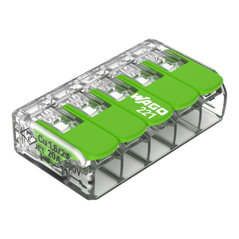 Wago 221-425 Green Transparent 5 Pole Compact Lever Connector (Pack Size 25)
