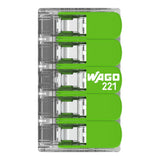 Wago 221-425 Green Transparent 5 Pole Compact Lever Connector (Pack Size 25)