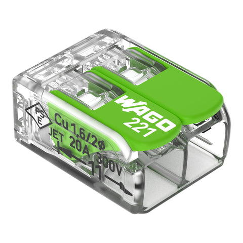 Wago 221-422 Green Transparent 2 Pole Compact Lever Connector (Pack Size 100)