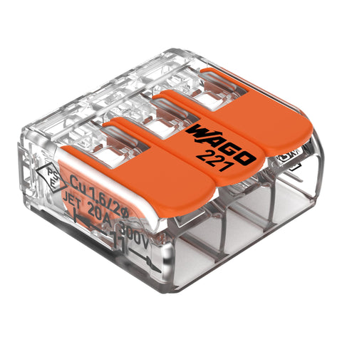 Wago 221-413 Transparent 3 Pole Compact Lever Connector (Pack Size 50)